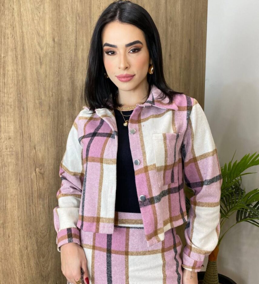 Conjunto Feminino Flanelado Beatriz Cropped e Saia Xadrez Lilás - Fernanda Ramos Store