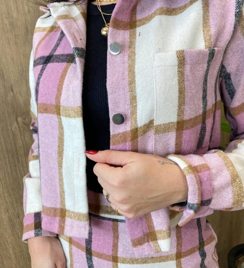 Conjunto Feminino Flanelado Beatriz Cropped e Saia Xadrez Lilás - Fernanda Ramos Store