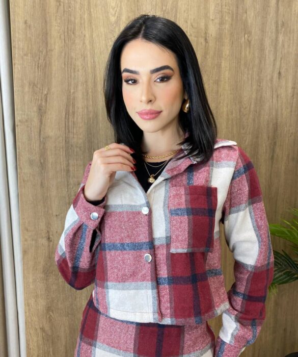 Conjunto Feminino Flanelado Beatriz Cropped e Saia Xadrez Vinho - Fernanda Ramos Store