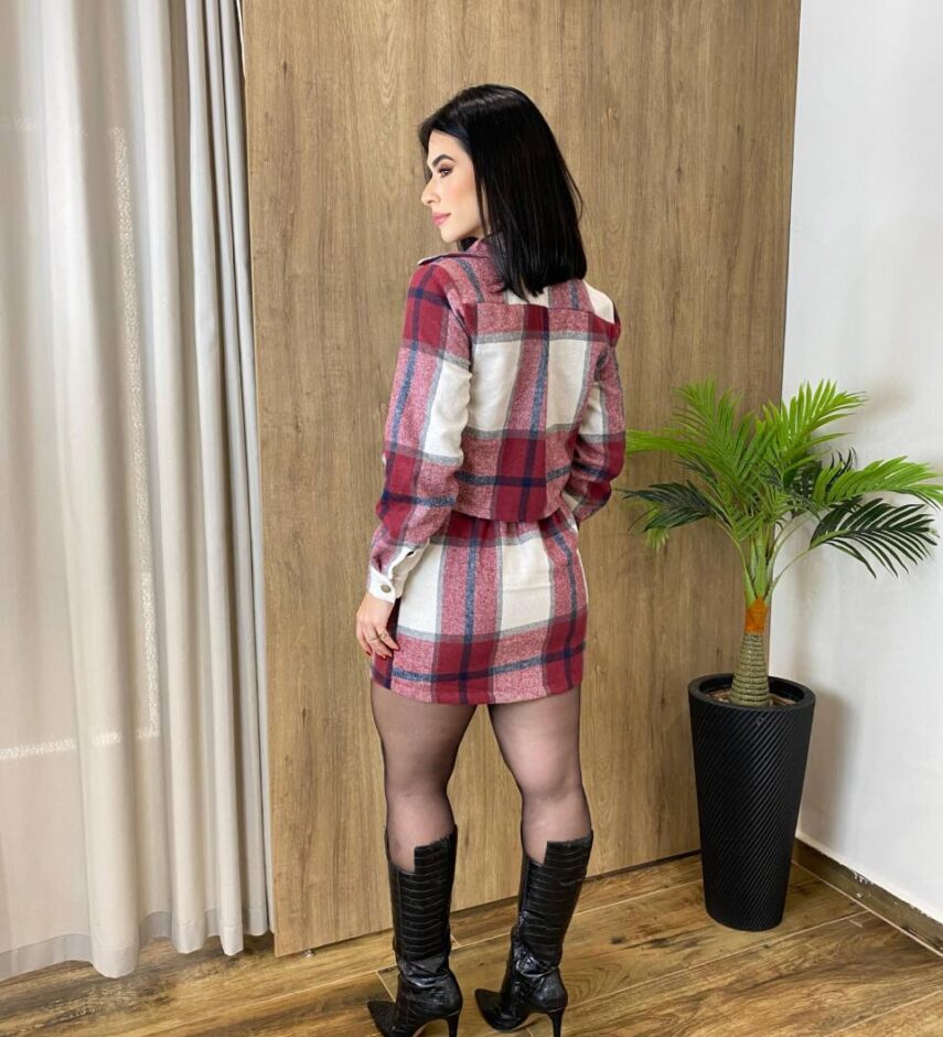 Conjunto Feminino Flanelado Beatriz Cropped e Saia Xadrez Vinho - Fernanda Ramos Store