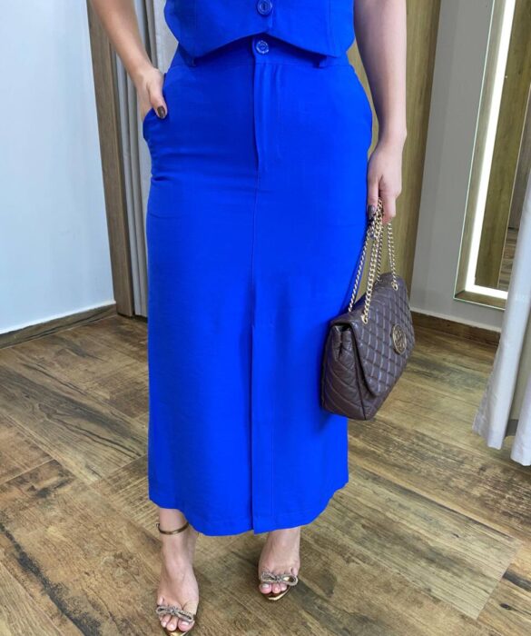 Conjunto Feminino Heloíse Colete e Saia Midi com Fenda Azul - Fernanda Ramos Store