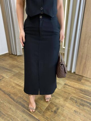 Conjunto Feminino Heloíse Colete e Saia Midi com Fenda Preto - Fernanda Ramos Store