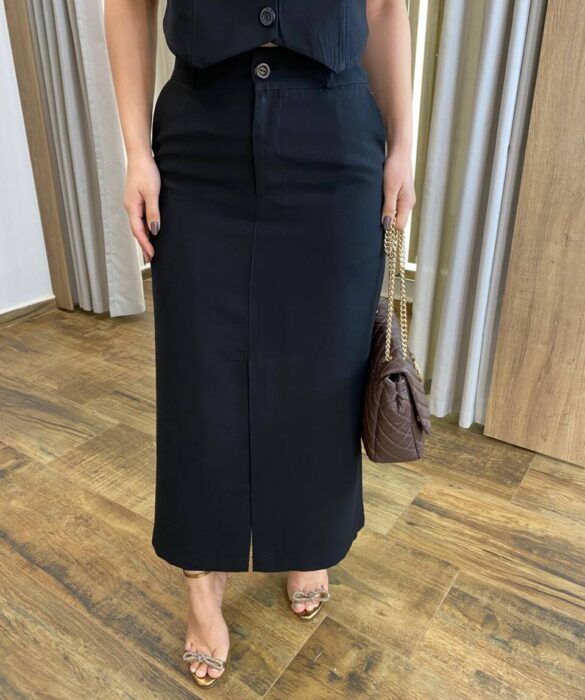 Conjunto Feminino Heloíse Colete e Saia Midi com Fenda Preto - Fernanda Ramos Store