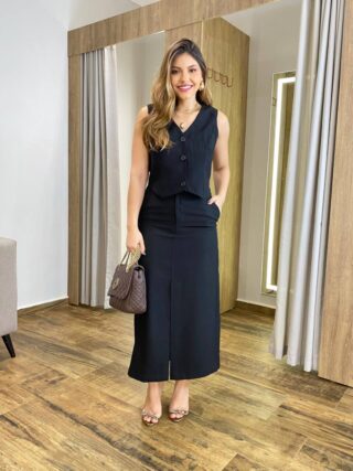 Conjunto Feminino Heloíse Colete e Saia Midi com Fenda Preto - Fernanda Ramos Store