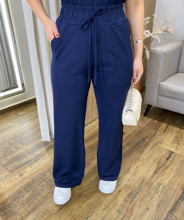 Conjunto Feminino Moletinho Ana Calça Pantalona e Cropped Azul - Fernanda Ramos Store