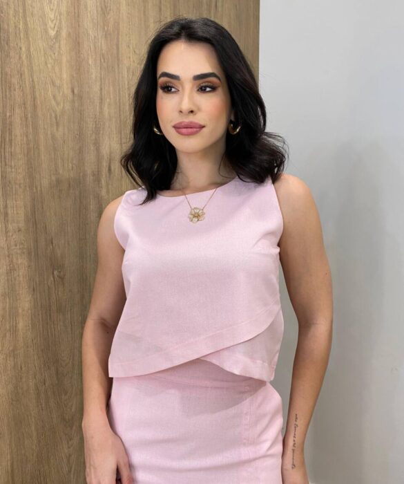 Conjunto Feminino Viscolinho Elo Cropped e Saia Midi Rosa Bebê - Fernanda Ramos Store