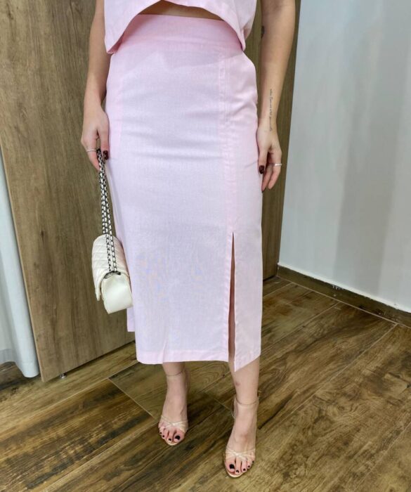 Conjunto Feminino Viscolinho Elo Cropped e Saia Midi Rosa Bebê - Fernanda Ramos Store