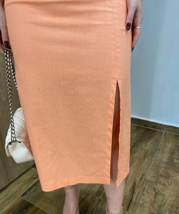 Conjunto Feminino Viscolinho Elo Cropped e Saia Midi Salmão - Fernanda Ramos Store