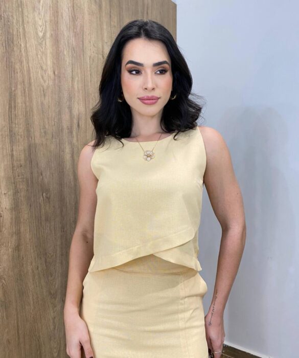 Conjunto Feminino Viscolinho Elo Cropped e Saia Midi Salmão Claro - Fernanda Ramos Store