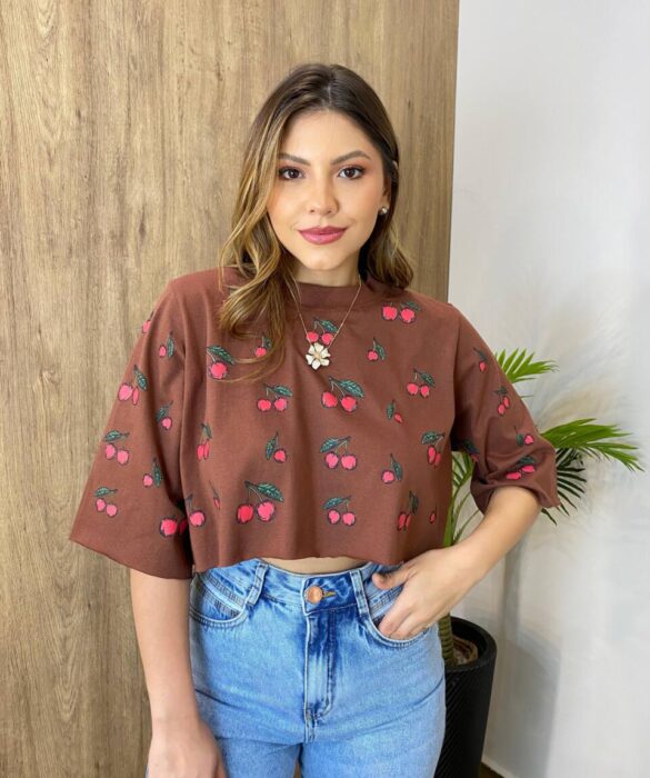 Cropped Feminino sem Bojo Cherry Marrom - Fernanda Ramos Store