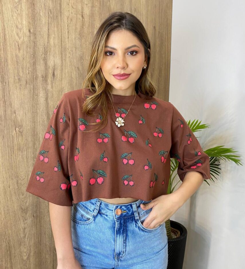 Cropped Feminino sem Bojo Cherry Marrom - Fernanda Ramos Store