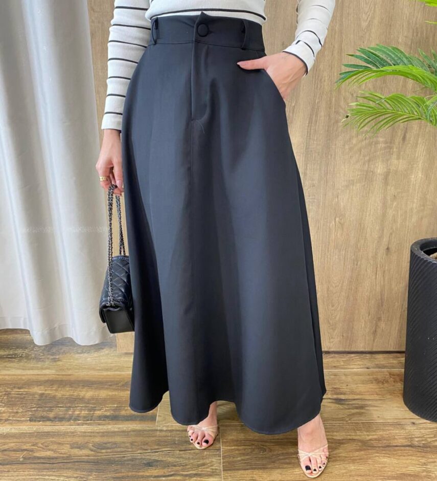 Saia Longa Feminina Alfaiataria Mariana Preta - Fernanda Ramos Store