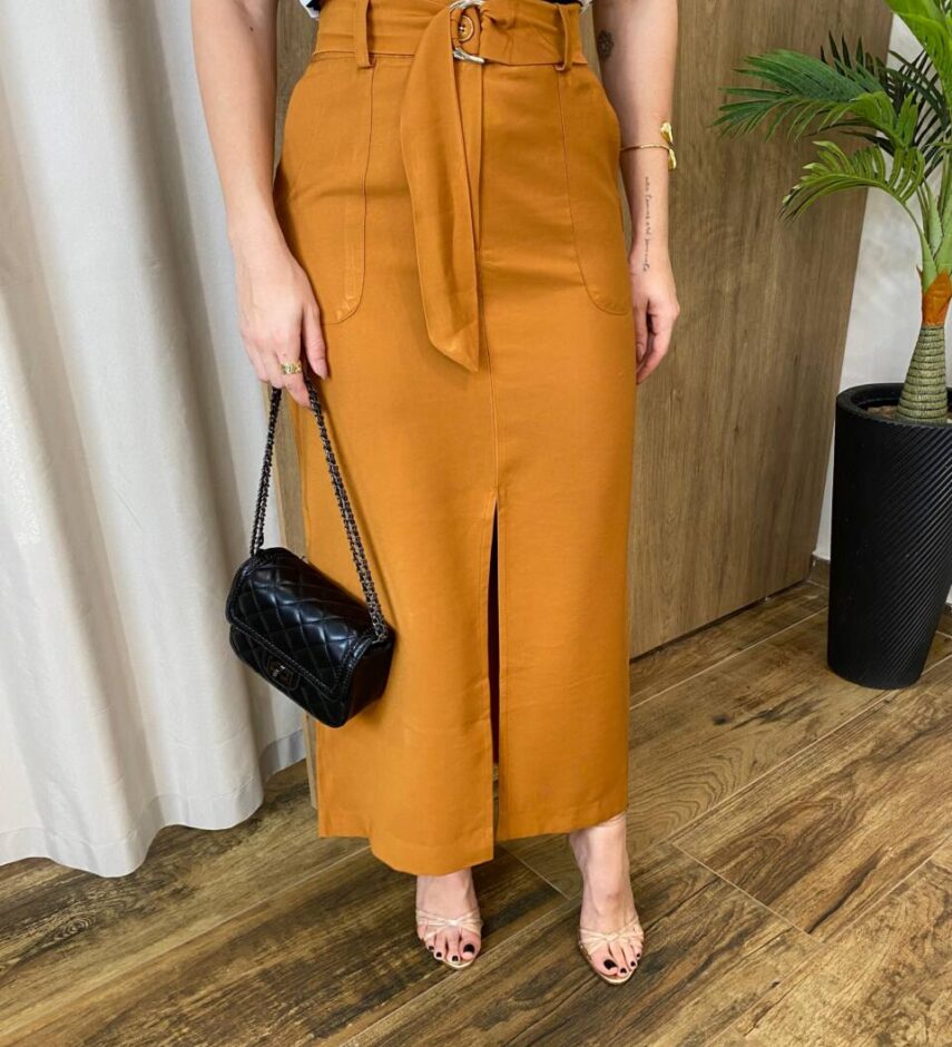 Saia Midi Feminina Alfaiataria Diana Caramelo com Cinto - Fernanda Ramos Store