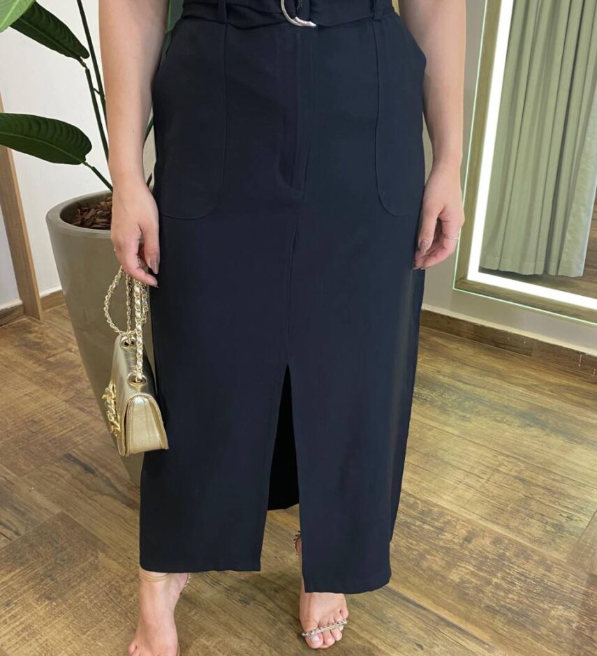 Saia Midi Feminina Alfaiataria Diana Preta com Cinto - Fernanda Ramos Store