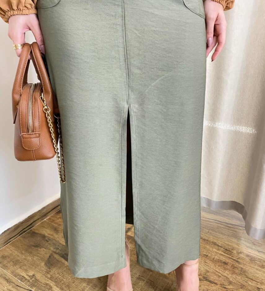Saia Midi Feminina Alfaiataria Diana Verde Militar com Cinto - Fernanda Ramos Store
