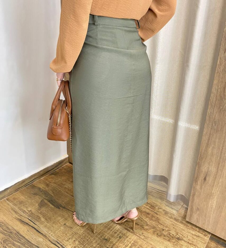 Saia Midi Feminina Alfaiataria Diana Verde Militar com Cinto - Fernanda Ramos Store