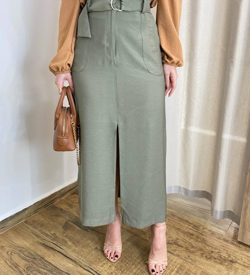 Saia Midi Feminina Alfaiataria Diana Verde Militar com Cinto - Fernanda Ramos Store