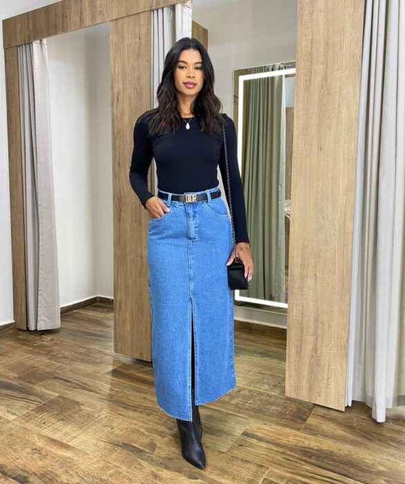 Saia Midi Feminina Eduarda Jeans com Fenda - Fernanda Ramos Store