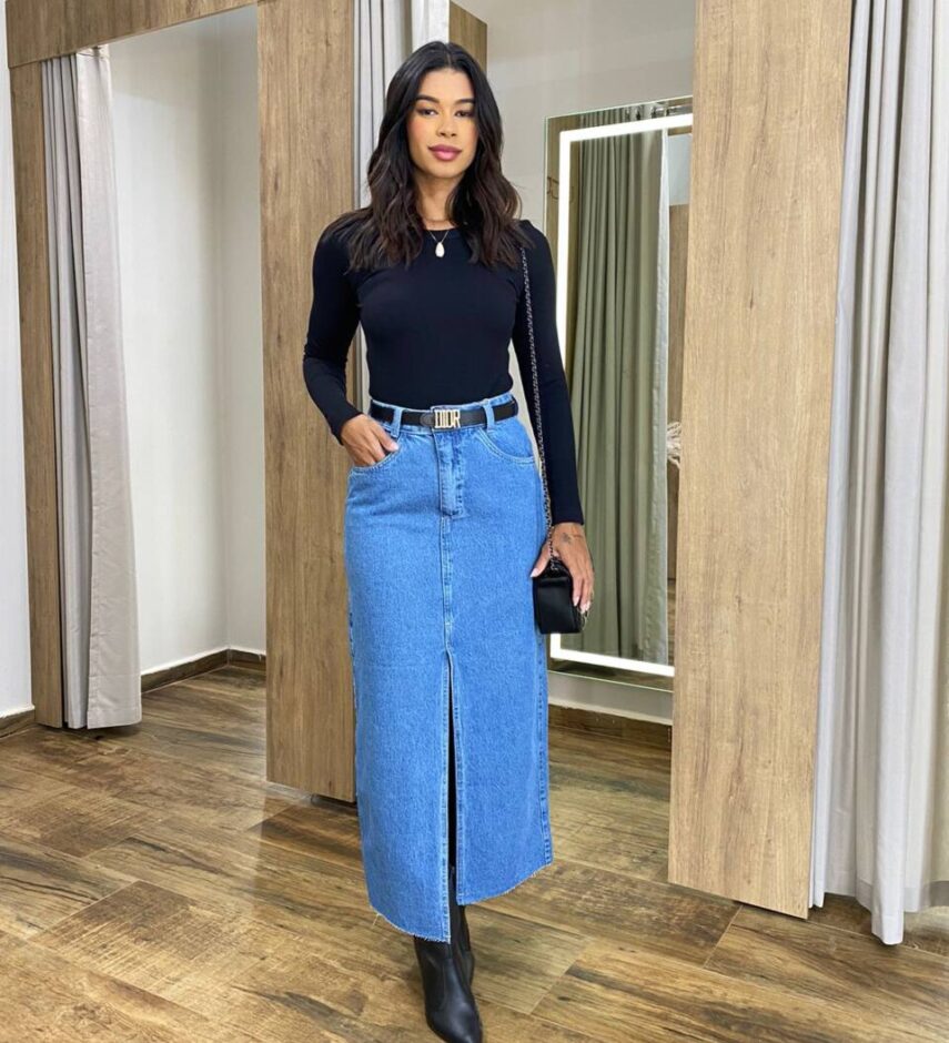 Saia Midi Feminina Eduarda Jeans com Fenda - Fernanda Ramos Store