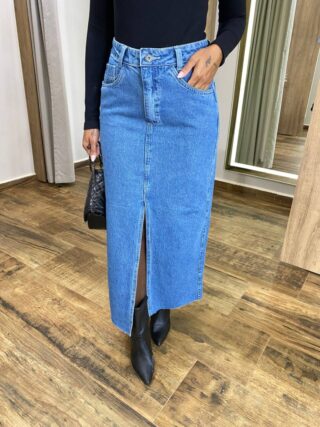 Saia Midi Feminina Eduarda Jeans com Fenda - Fernanda Ramos Store