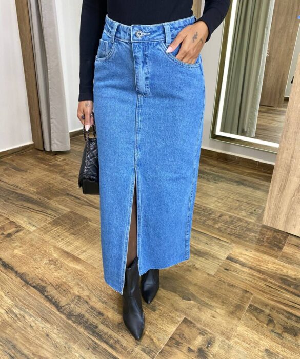 Saia Midi Feminina Eduarda Jeans com Fenda - Fernanda Ramos Store