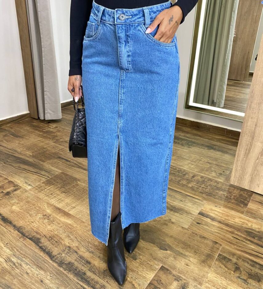 Saia Midi Feminina Eduarda Jeans com Fenda - Fernanda Ramos Store