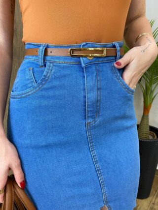 Saia Midi Feminina Fernanda Jeans com Elastano e Cinto - Fernanda Ramos Store