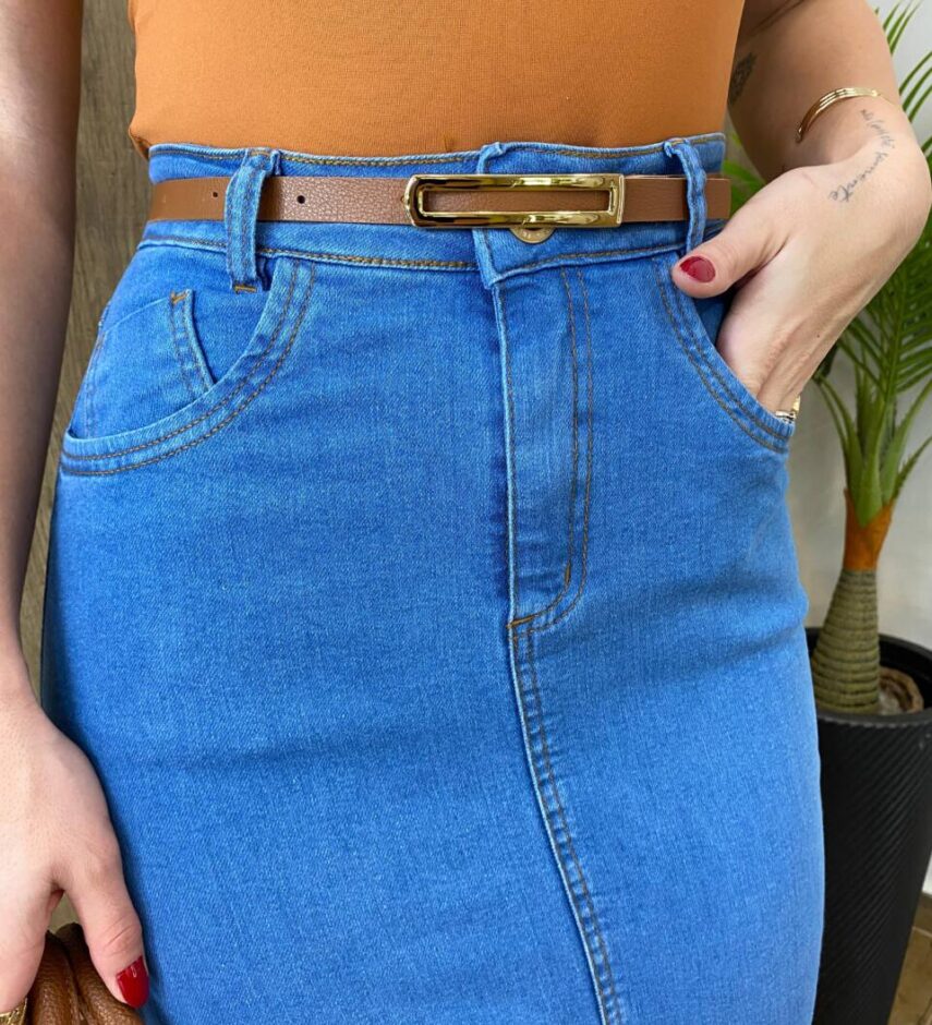 Saia Midi Feminina Fernanda Jeans com Elastano e Cinto - Fernanda Ramos Store