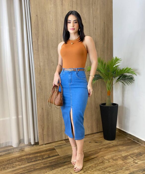 Saia Midi Feminina Fernanda Jeans com Elastano e Cinto - Fernanda Ramos Store