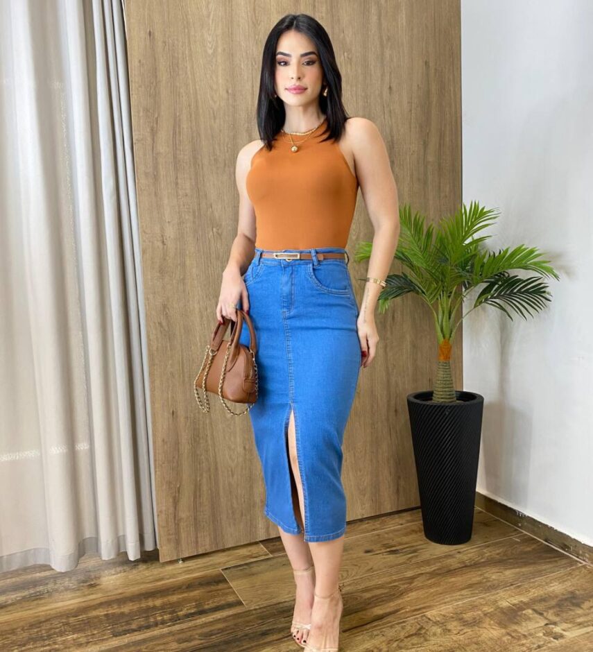 Saia Midi Feminina Fernanda Jeans com Elastano e Cinto - Fernanda Ramos Store
