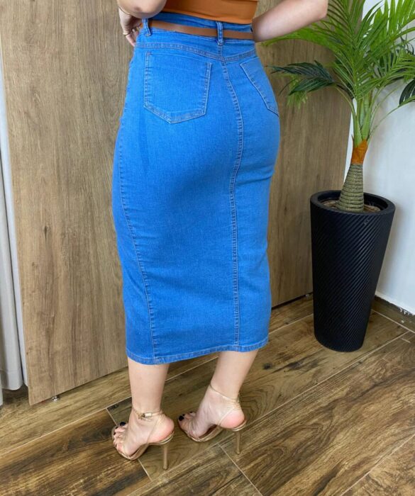 Saia Midi Feminina Fernanda Jeans com Elastano e Cinto - Fernanda Ramos Store