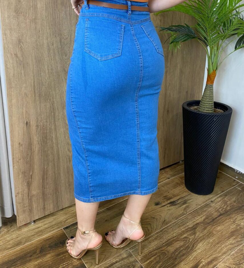 Saia Midi Feminina Fernanda Jeans com Elastano e Cinto - Fernanda Ramos Store