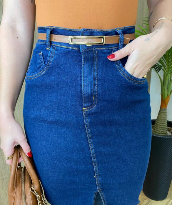 Saia Midi Feminina Fernanda Jeans Escuro com Elastano e Cinto - Fernanda Ramos Store