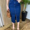 Saia Midi Feminina Fernanda Jeans Escuro com Elastano e Cinto - Fernanda Ramos Store