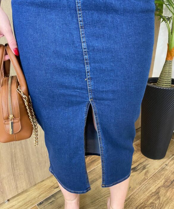 Saia Midi Feminina Fernanda Jeans Escuro com Elastano e Cinto - Fernanda Ramos Store