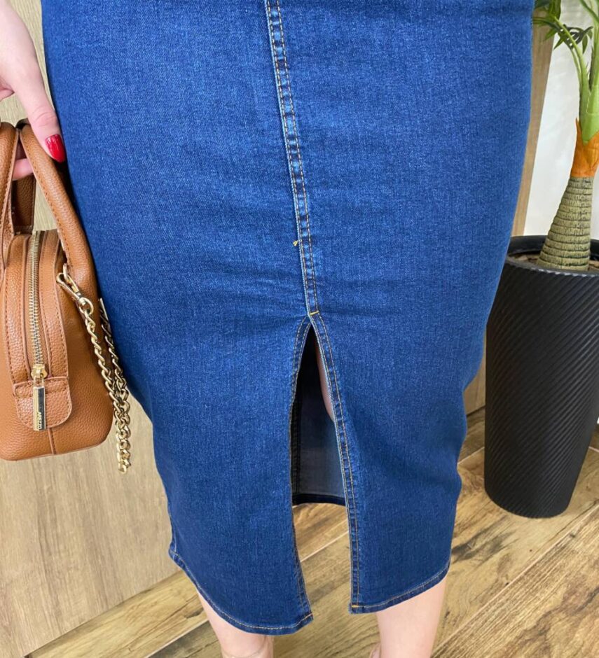 Saia Midi Feminina Fernanda Jeans Escuro com Elastano e Cinto - Fernanda Ramos Store