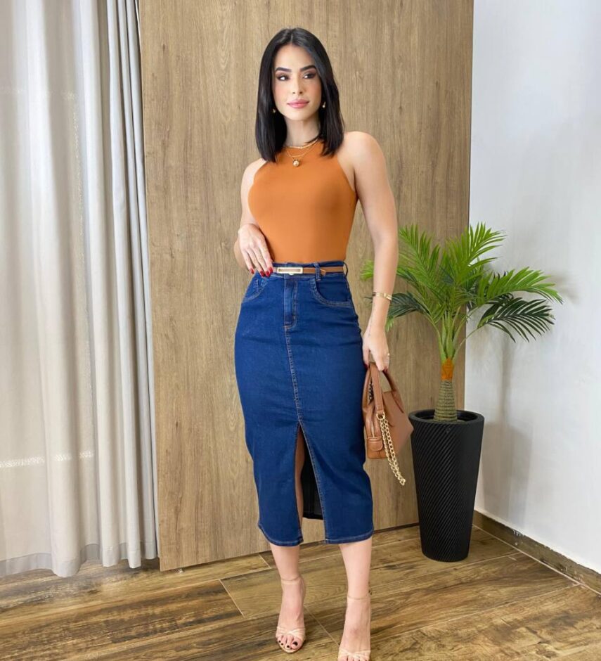 Saia Midi Feminina Fernanda Jeans Escuro com Elastano e Cinto - Fernanda Ramos Store