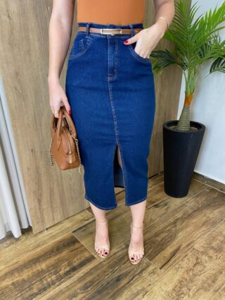 Saia Midi Feminina Fernanda Jeans Escuro com Elastano e Cinto - Fernanda Ramos Store