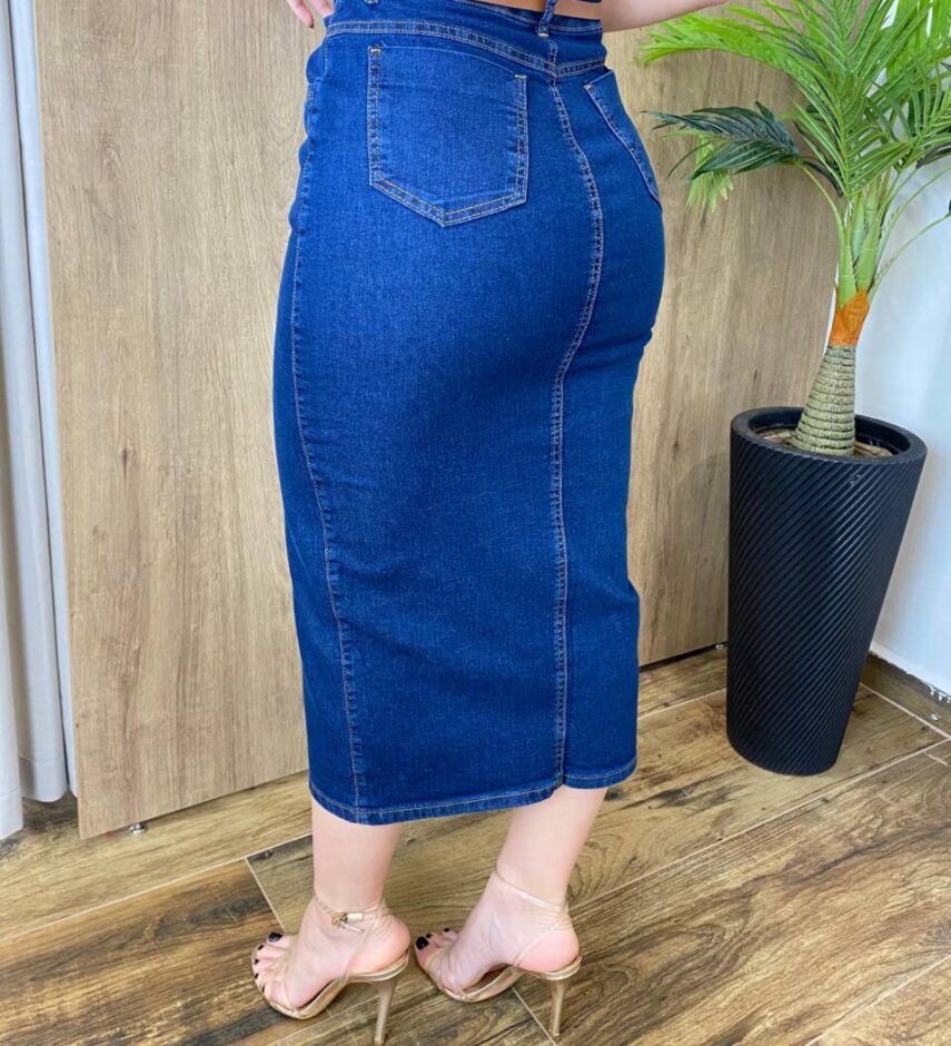 Saia Midi Feminina Fernanda Jeans Escuro com Elastano e Cinto - Fernanda Ramos Store