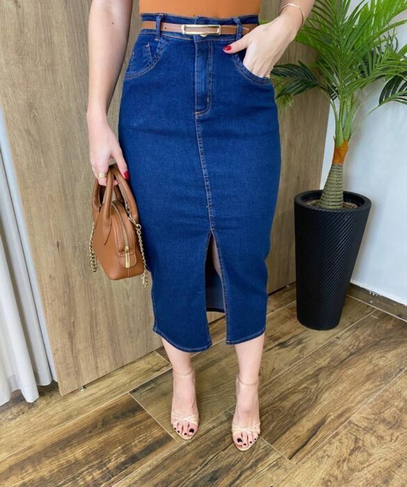 Saia Midi Feminina Fernanda Jeans Escuro com Elastano e Cinto - Fernanda Ramos Store