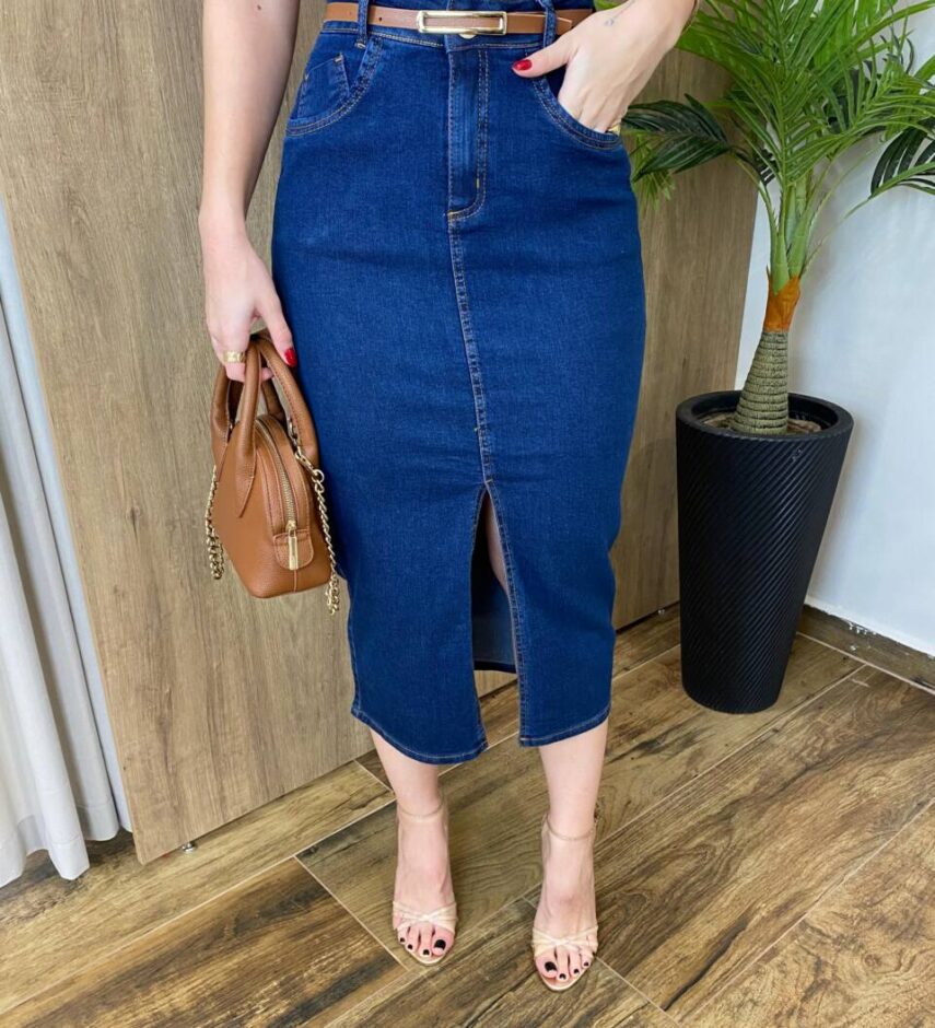 Saia Midi Feminina Fernanda Jeans Escuro com Elastano e Cinto - Fernanda Ramos Store