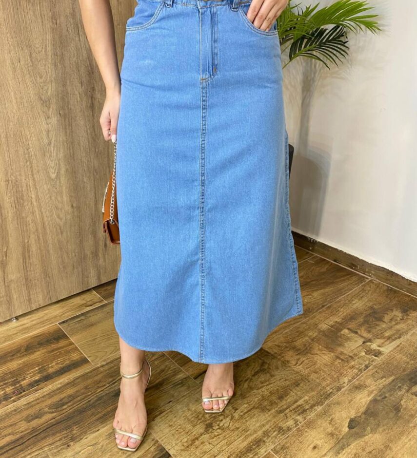 Saia Midi Feminina Gabi Sarja com Cinto Lavagem Clara - Fernanda Ramos Store