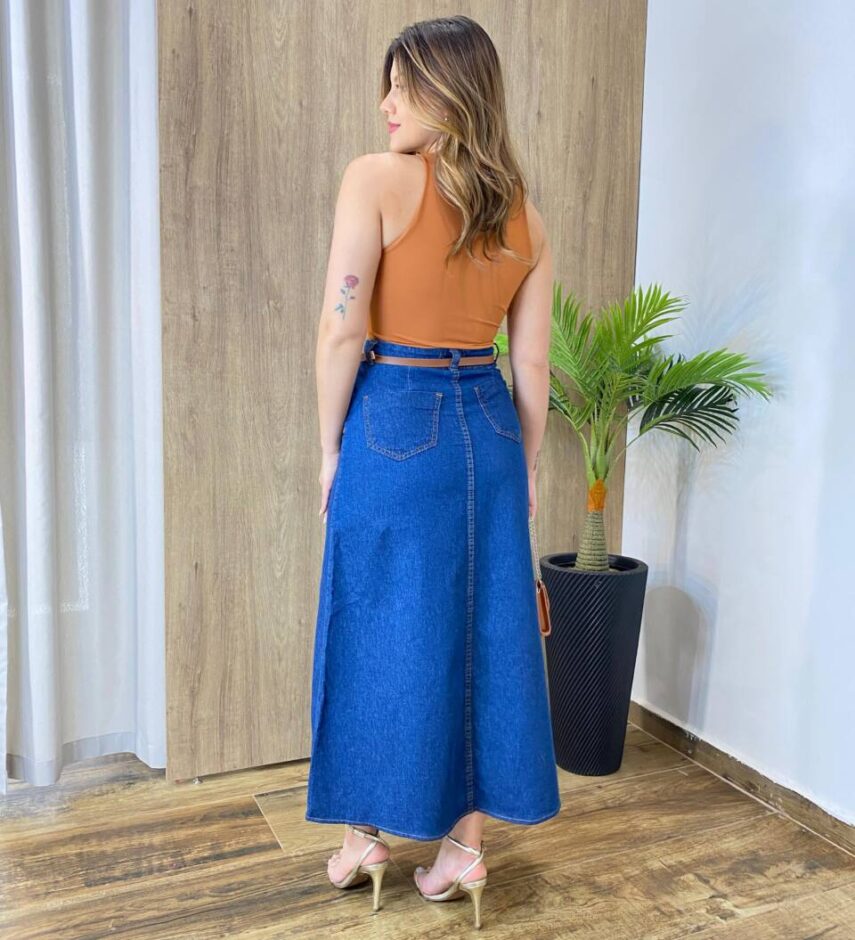 Saia Midi Feminina Gabi com Cinto Lavagem Escura - Fernanda Ramos Store