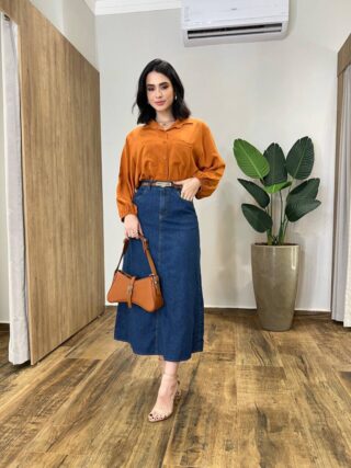 Saia Midi Feminina Gabi com Cinto Lavagem Escura - Fernanda Ramos Store