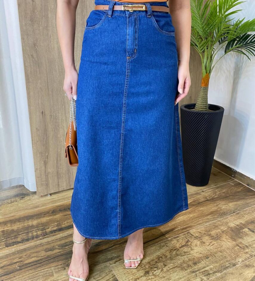 Saia Midi Feminina Gabi com Cinto Lavagem Escura - Fernanda Ramos Store