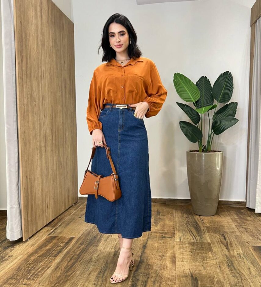 Saia Midi Feminina Gabi com Cinto Lavagem Escura - Fernanda Ramos Store