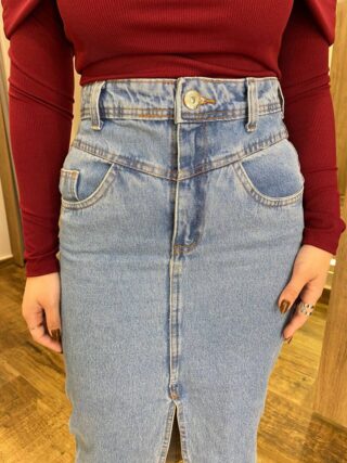 Saia Midi Feminina Mariah Jeans com Fenda Frontal - Fernanda Ramos Store