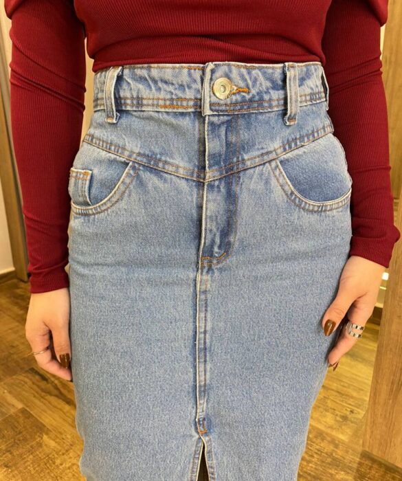 Saia Midi Feminina Mariah Jeans com Fenda Frontal - Fernanda Ramos Store