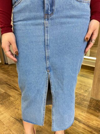 Saia Midi Feminina Mariah Jeans com Fenda Frontal - Fernanda Ramos Store