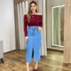 Saia Midi Feminina Mariah Jeans com Fenda Frontal - Fernanda Ramos Store